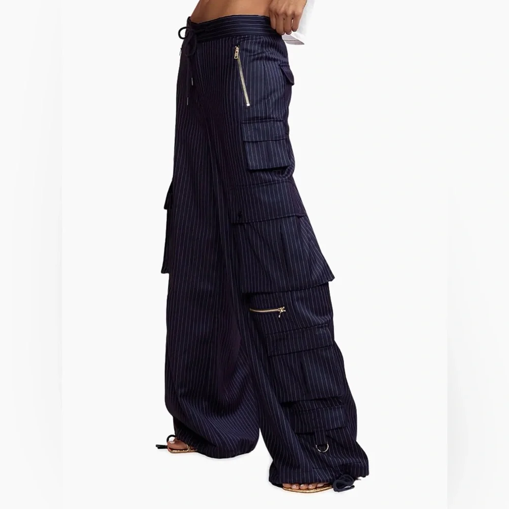 Cynthia Rowley Blue Pinstripe Cargo Dress Pants with Gold Details - Picture 5 of 6